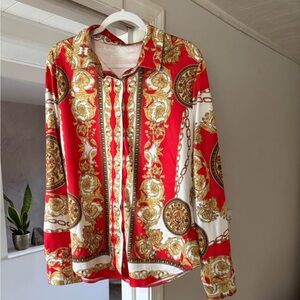 Baroque-Print Long Sleeve Shirt - Red & Gold